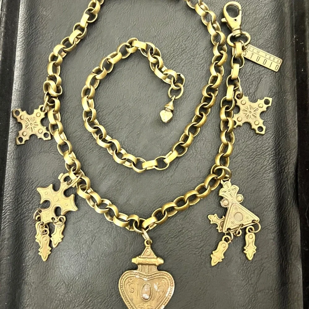 Studio In New York Brass Charm Chain Belt Made in Italy 40 Inch Whimsical Goth